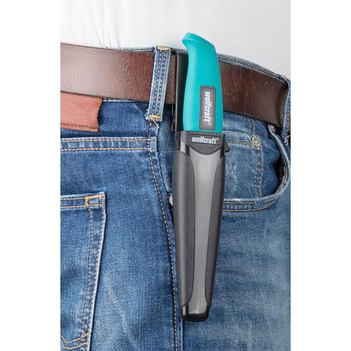 Wolfcraft Cuchillo de exterior 4086000 con estuche, cuchilla 95 mm, profesional / doméstico, verde / negro / metal