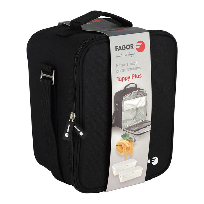 Fagor Porta alimentos Tappy Plus con 2 Fiambreras Herméticas 0,82L | Bolsa Térmica Aislante Frío/Calor | Negro | 17,5x17x24,5 cm Fagor Porta alimentos Tappy Plus con 2 Fiambreras Herméticas 0,82L | Bolsa Térmica Aislante Frío/Calor | Negro | 17,5x17x24,5 cm