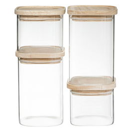 5Five Botes de Cocina Herméticos Apilables, Set 4 uds, Vidrio y Madera, 2x 0,5L y 2x 1L