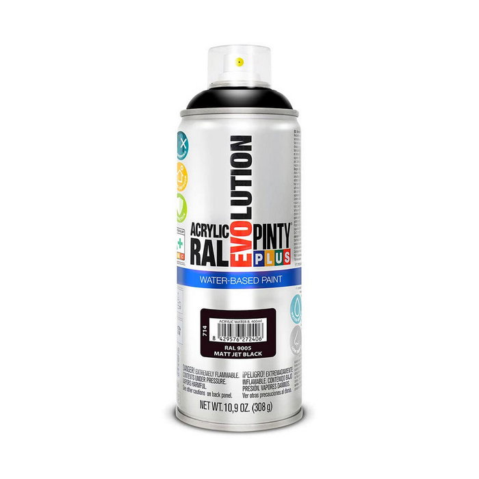 Pinty Plus Pintura acrílica spray evolution water-based 520 cc ral 9005 negro intenso mate Pinty Plus Pintura acrílica spray evolution water-based 520 cc ral 9005 negro intenso mate