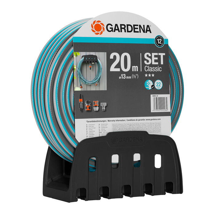 Gardena Kit manguera de jardín Classic 20 m, Ø13mm (1/2"), PVC con entramado de nylon, anti UV, incluye lanza y accesorios de riego Gardena Kit manguera de jardín Classic 20 m, Ø13mm (1/2"), PVC con entramado de nylon, anti UV, incluye lanza y accesorios de riego