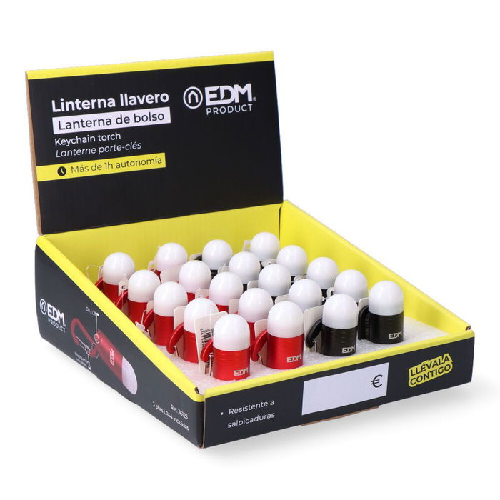 Edm Linterna Llavero LED con Mosquetón, 3xLR44 Incluidas, Colores Surtidos