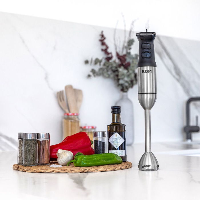 Edm Batidora de Mano 1000W Mango Ergonómico Cuchillas Acero Inoxidable Vaso 600ml Cromado Negro 220-240v