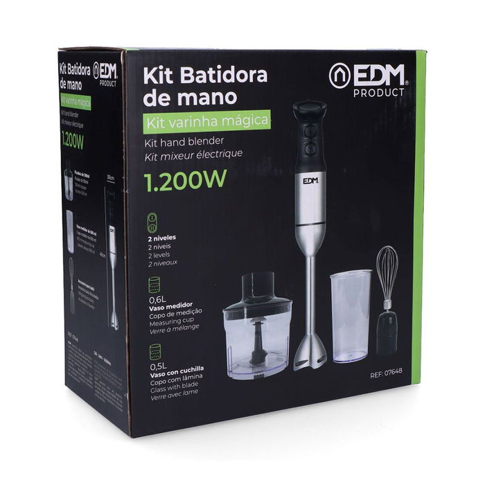 Edm Batidora de Mano 1200W con Accesorios (Picadora, Vaso Medidor) Cromado / Negro