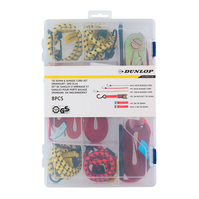 Dunlop Set de Pulpos para Coches 8 Piezas: Correas 2.5m, 5m, Trinquete, Cables Elásticos 60cm, 80cm, 10cm Dunlop Set de Pulpos para Coches 8 Piezas: Correas 2.5m, 5m, Trinquete, Cables Elásticos 60cm, 80cm, 10cm