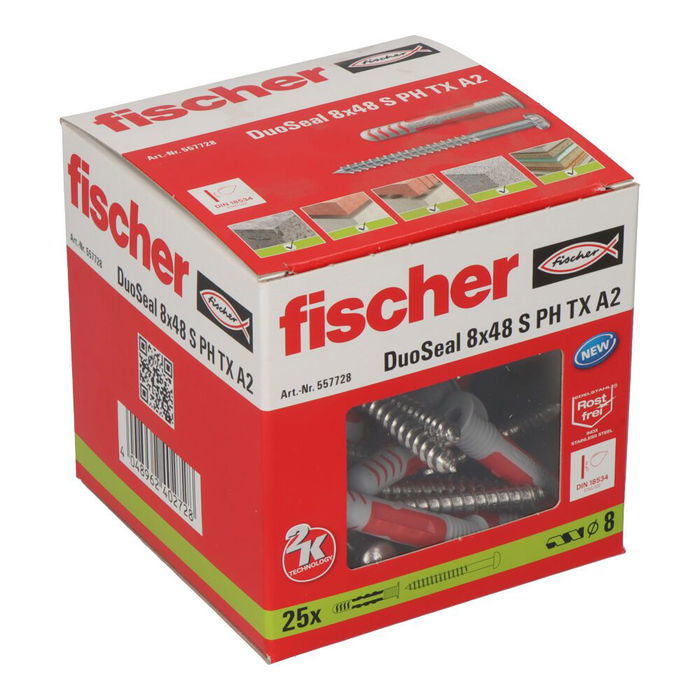 Fischer Tacos Estanco Ø8 x 48 mm + Tornillos Duoseal Ø6 x 70 mm TX30 para Zonas Húmedas, Pack 25 uds