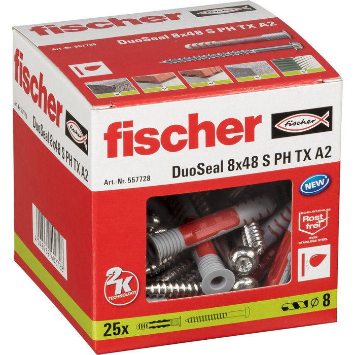 Fischer Tacos estanco ø8 x 48 mm + tornillos Duoseal ø6 x 70 mm, pack 25 uds