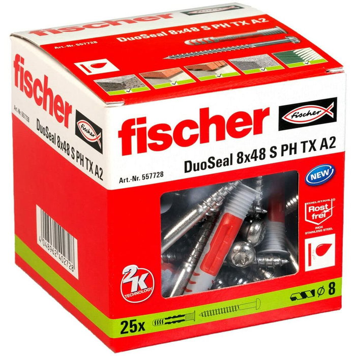 Fischer Tacos estanco ø8 x 48 mm + tornillos Duoseal ø6 x 70 mm, pack 25 uds