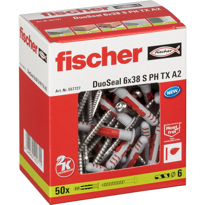 Fischer Duoseal Tacos impermeabilizantes ø6 x 38 mm con tornillos, pack 50 uds