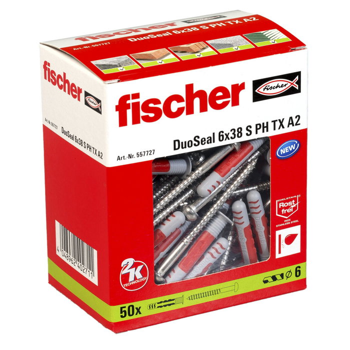 Fischer Duoseal Tacos impermeabilizantes ø6 x 38 mm con tornillos, pack 50 uds