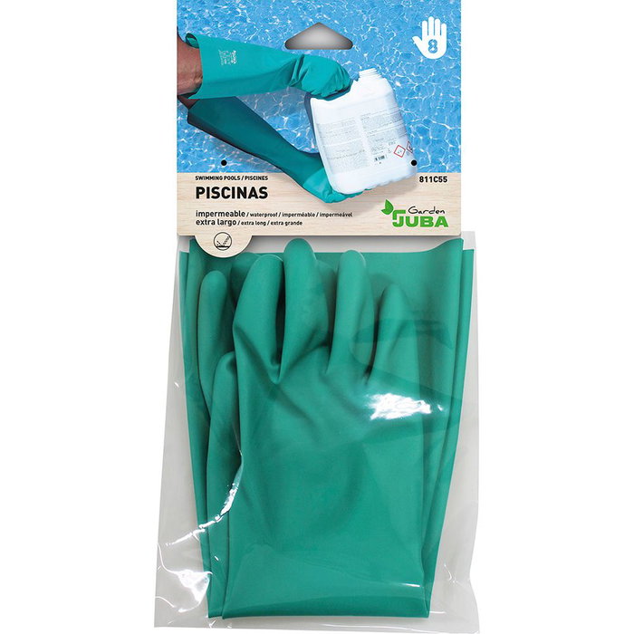 Juba Guantes de Nitrilo Satinado Verde T-09 Flocado Interior, Extra Largo 46 cm, para Químicos Piscina, Limpieza, Tratamiento Fitosanitario