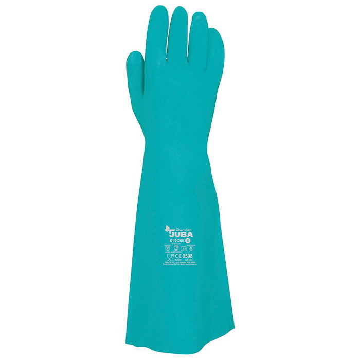 Juba Guantes de Nitrilo Flocado para Químicos de Piscina, Verde Satinado, Talla T-10, Grosor 0.55 mm, 46 cm Largo