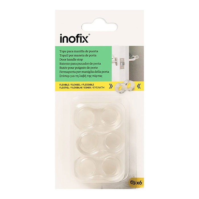 Inofix Tope para manilla de puerta, plástico flexible transparente, Ø15-18 mm, 6 uds, blister