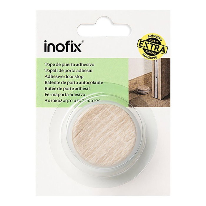 Inofix Tope de puerta con tórica metal y silicona acabado madera fresno calcáreo fijación adhesivo Ø4,6x1,8 cm blister Inofix Tope de puerta con tórica metal y silicona acabado madera fresno calcáreo fijación adhesivo Ø4,6x1,8 cm blister