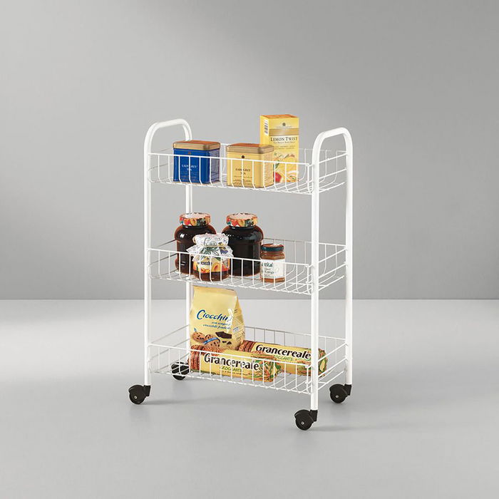 Metaltex Carrito Multiusos con 3 Cestos y 4 Ruedas, Blanco, 41 x 23 x 63 cm, Carro de Organización