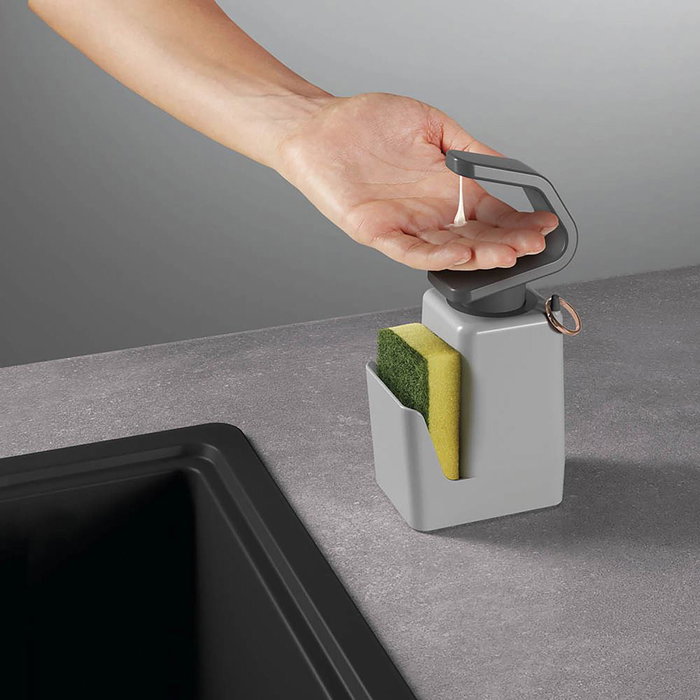 Metaltex Soap-tex Dispensador de jabón con Estropajero + Estropajo Plástico ABS Gris Antideslizante y Colgador 11x8x22 cm