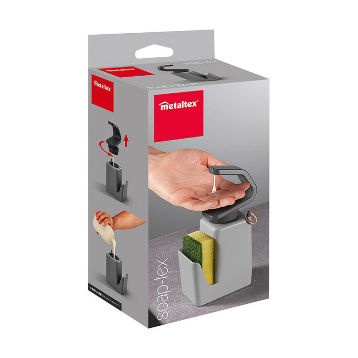 Metaltex Soap-tex Dispensador de jabón con Estropajero + Estropajo Plástico ABS Gris Antideslizante y Colgador 11x8x22 cm