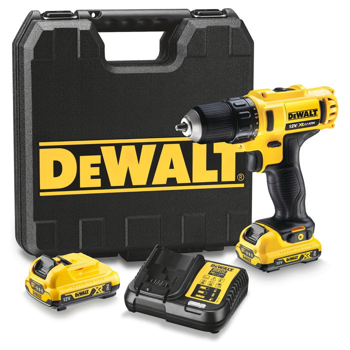 DEWALT Taladro Atornillador XR 10,8V DCD710D2-QW 10mm con Maletín, 2 Baterías Li-ion 2.0Ah y Cargador - 15 Posiciones de Par, Luz LED