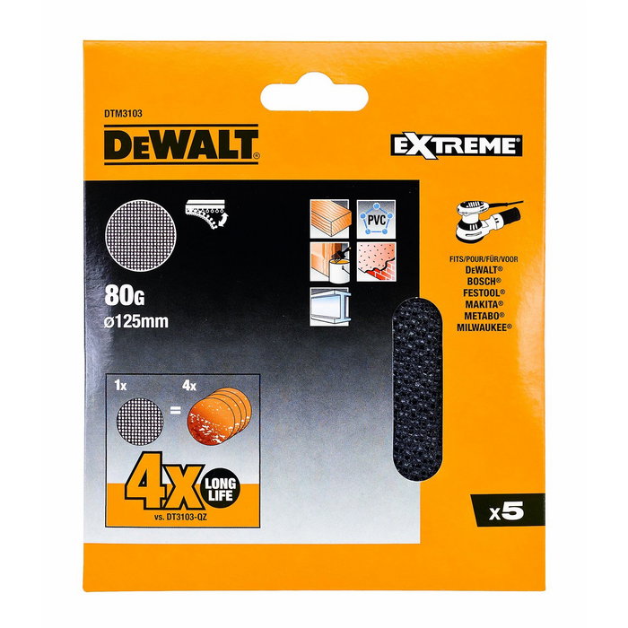 Dewalt Lijas de malla para lijadoras orbitales ø125 mm, grano 80, 5 uds