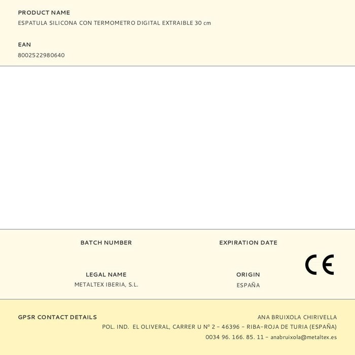 Metaltex Espátula de silicona con termómetro digital extraíble 30 cm -20/+230°C