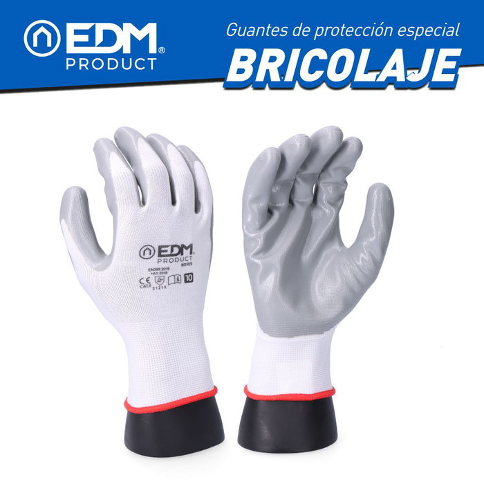 Edm Guante de poliéster con palma de nitrilo t-10 Blanco / gris Edm Guante de poliéster con palma de nitrilo t-10 Blanco / gris