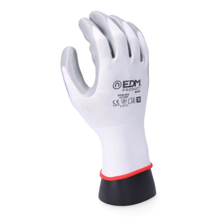 Edm Guante de poliéster con palma de nitrilo t-10 Blanco / gris Edm Guante de poliéster con palma de nitrilo t-10 Blanco / gris