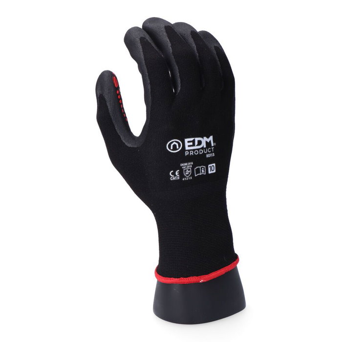 Edm Guante T-07 Nailon/Licra Palma Nitrilo para Metalurgia, Automoción, Mecánicos, Logística, Talla 7 Negro/Rojo