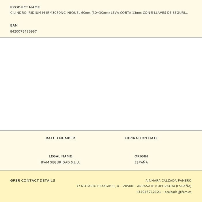 Ifam Cilindro Iridium M IRM3030NC Níquel 60mm (30+30mm) Leva Corta 13mm con 5 Llaves de Seguridad Doble Antibumping Antitaladro Antiganzúa Alta Calidad Perfil Europeo