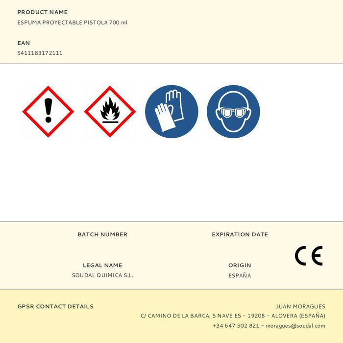 Soudal Espuma Proyectable Poliuretano Autoexpandible Monocomponente Pistola 700 ml Soudal Espuma Proyectable Poliuretano Autoexpandible Monocomponente Pistola 700 ml