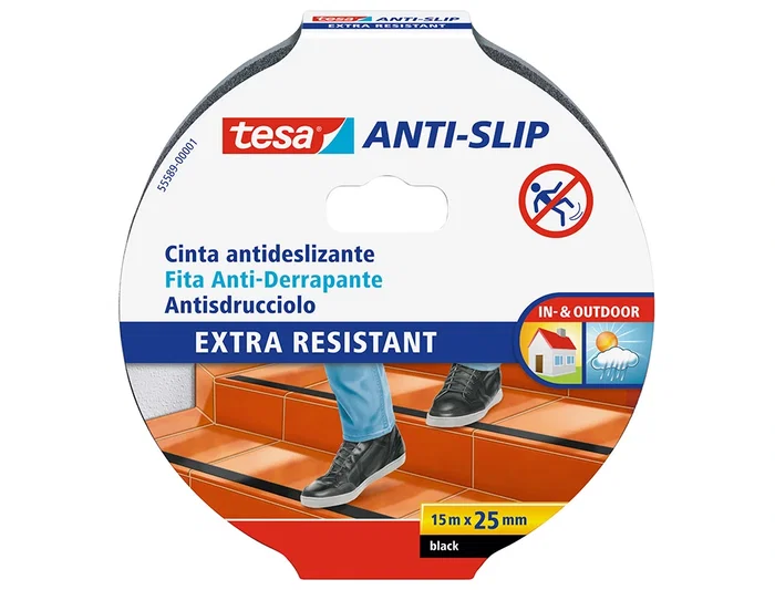 Tesa - Cinta Antideslizante Adhesiva, Uso Interior y Exterior, Color Negro, Resistente al Agua y UV, 15 m x 25 mm (Largo x Ancho)