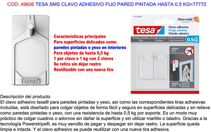 tesa Clavo adhesivo para paredes pintadas y yeso hasta 0,5 kg tesa Clavo adhesivo para paredes pintadas y yeso hasta 0,5 kg