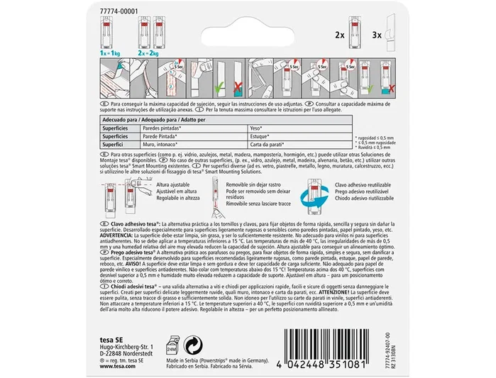 Tesa Clavo Adhesivo Ajustable para Paredes Pintadas y Yeso, 2 kg