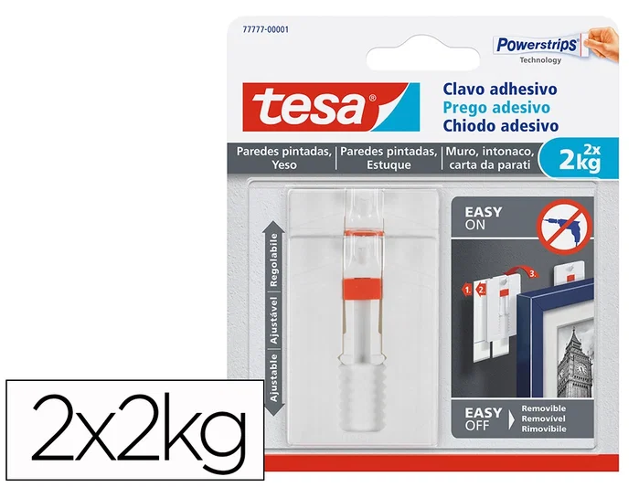 Tesa Clavo Adhesivo Ajustable para Paredes Pintadas y Yeso, 2 kg