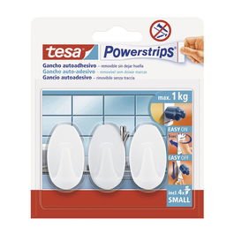 Tesa 57533-00017-20 Ganchos Pequeños Ovalados Blancos para Cocina y Baño (3 Ganchos + 4 Tiras)