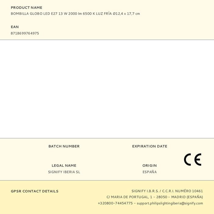 Philips Bombilla Globo LED E27 13W 2000lm 6500K Luz Fría Ø12,4 x 17,7 cm