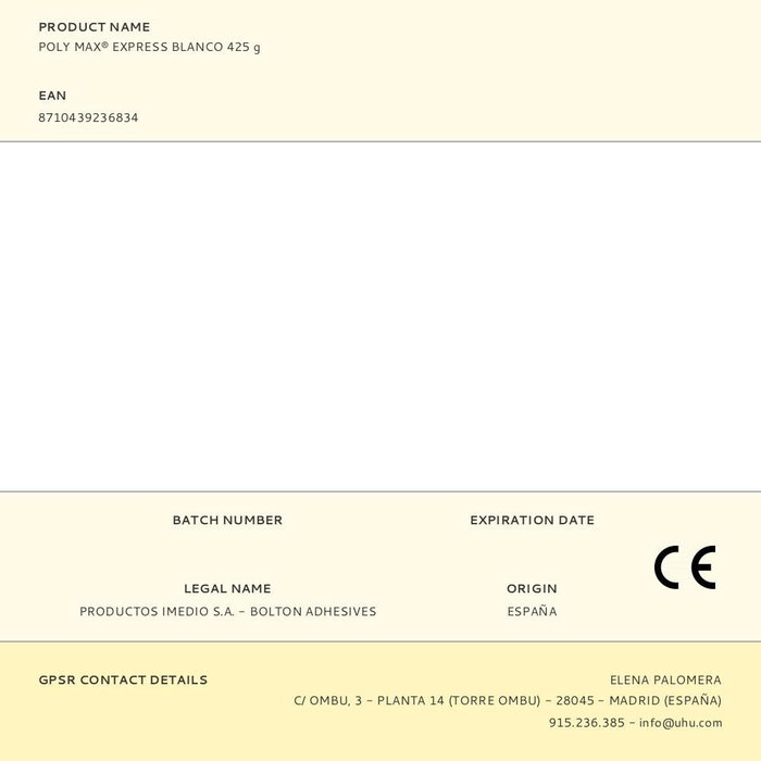 Uhu Poly max® express Adhesivo y Sellador de Montaje Blanco 425 g Referencia 6310630 Super rápido, extra fuerte Uhu Poly max® express Adhesivo y Sellador de Montaje Blanco 425 g Referencia 6310630 Super rápido, extra fuerte