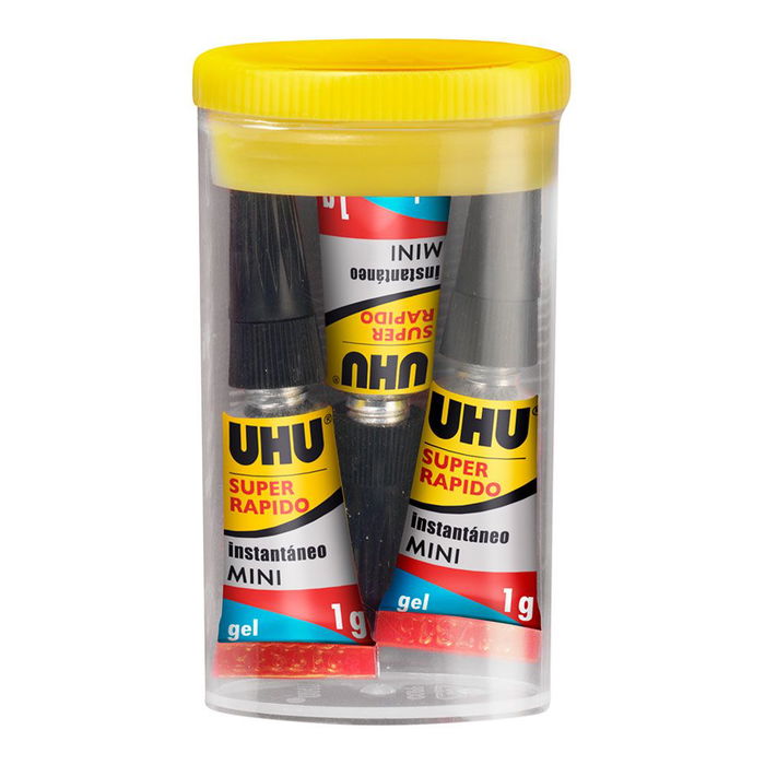 Uhu 36527 Pegamento Super Rápido Minis Gel Caja 3 x 1 g Transparente Extrafuerte Sin Goteo Ideal Materiales Porosos