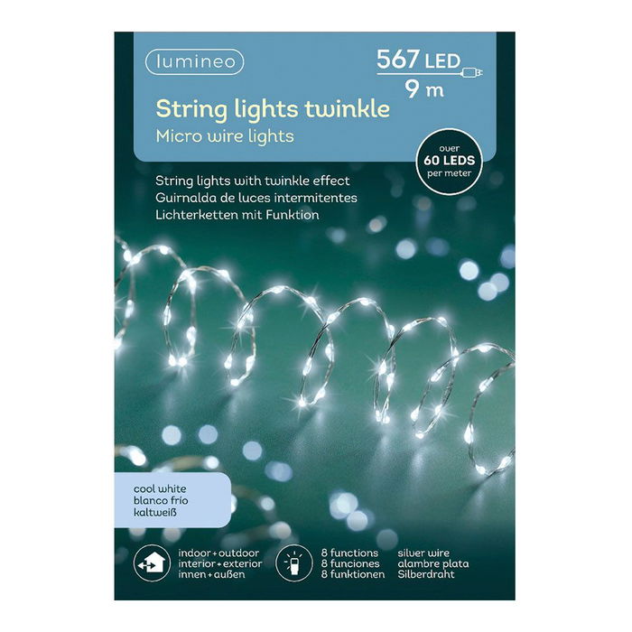 Guirnalda Micro Led Extra Dense 567 Luces Luz Fría Parpadeante Cable Plata 14 m