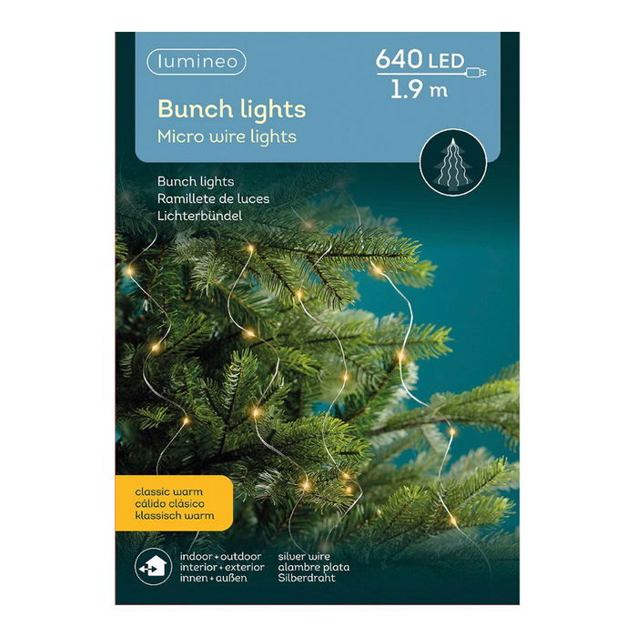 Lumineo Guirnalda LED Exterior IP44, 640 LEDs Fijos Luz Cálida, 32 Tiras de 1,9 m, Cable 5 m, Total 6,9 m, Temporizador 8h/16h, para Árbol