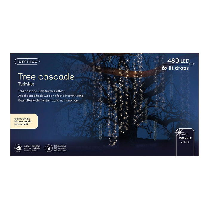 Lumineo Cortina LED Cascada para Árbol de Exterior, 480 LEDs Luz Cálida, IP44, 8 Modos de Efectos con Temporizador 8h/16h, Cable 10m, Longitud Total 12m