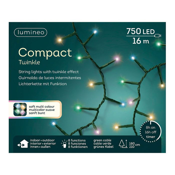 Lumineo Compact twinkle Guirnalda led 750 leds Multicolor pastel 8 funciones Exterior 16m con temporizador