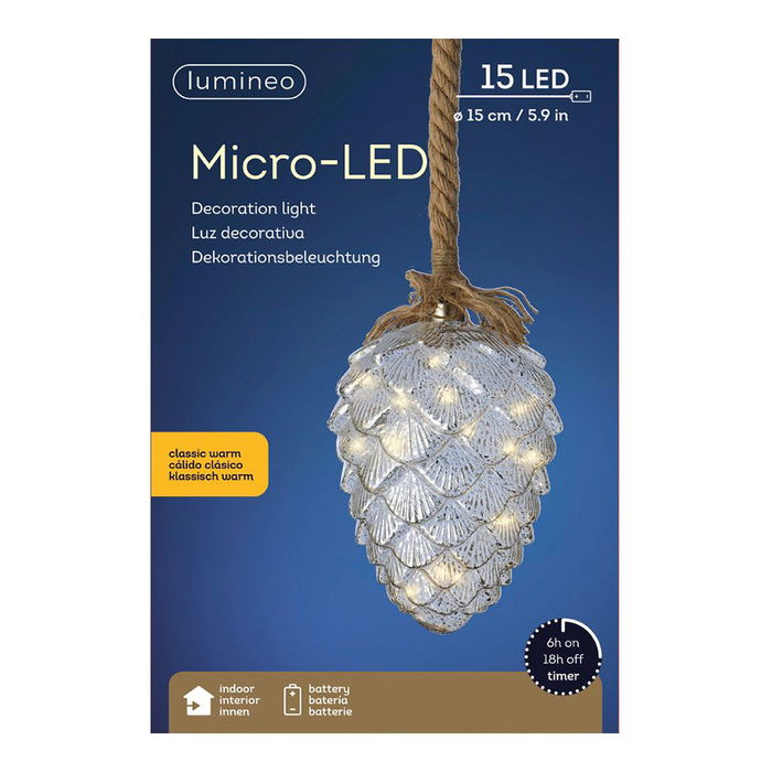 Lumineo Piña Microled ø15x21cm 15 Leds Luz Fija Blanco Cálido Interior Yute 100cm Cable Temporizador 6h