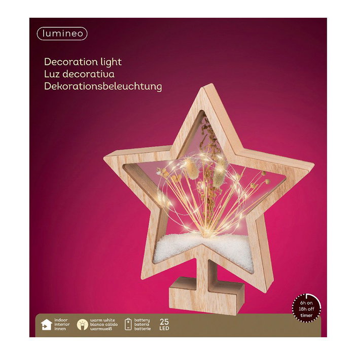 Estrella de madera con microleds 4x26x28cm 25 leds, blanco cálido