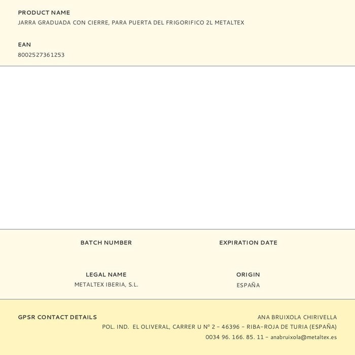 Metaltex Jarra con cierre para puerta de frigorífico 2 L Polipropileno translúcido blanco