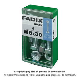 Fadix 10912483 Tornillo Métrica Cabeza Hexagonal con Tuerca Cincado Acero M8x30mm Caja 4 Unidades