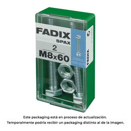 Fadix 10912575 Tornillo Métrica Cabeza Hexagonal con Tuerca Zincado M 8 x 60 mm Caja 2 Unidades