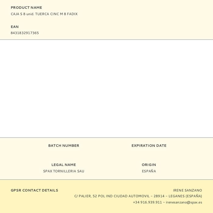 Fadix 10917365 Tuerca cinc M8 Acero Caja 8 Unid. Din 934