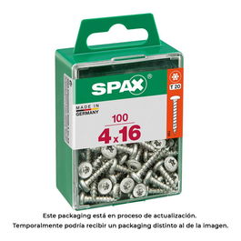 Spax 4201010400162 Tornillo para Madera, Cabeza Redonda Wirox, 4.0x16mm, Rosca Completa, T-star Plus, 4Cut, Caja 100 Unidades