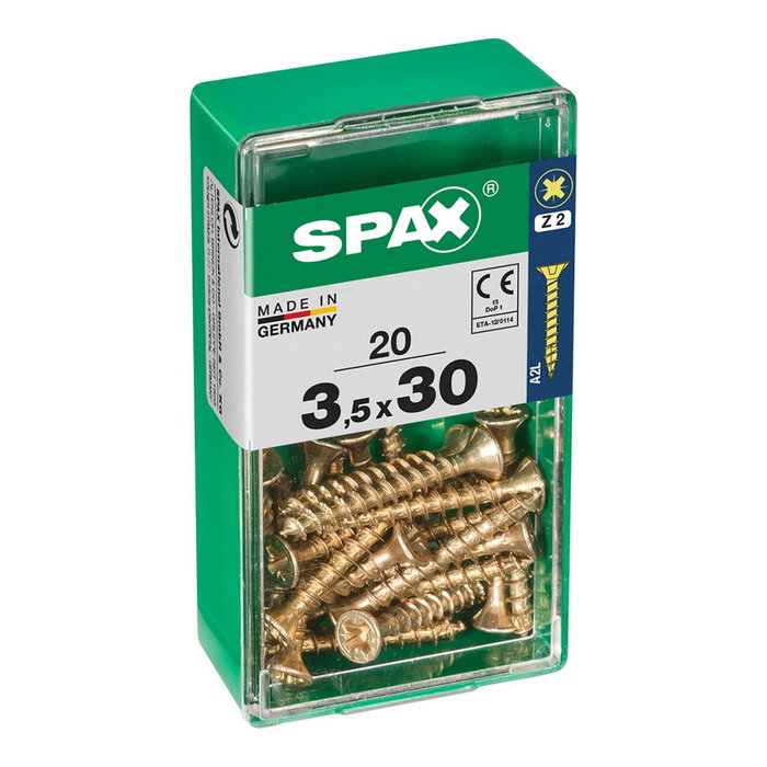 Spax Tornillo para madera cabeza plana yellox 3,5x30mm (20 unidades) de cabeza plana con ranura en cruz Z2 Spax Tornillo para madera cabeza plana yellox 3,5x30mm (20 unidades) de cabeza plana con ranura en cruz Z2