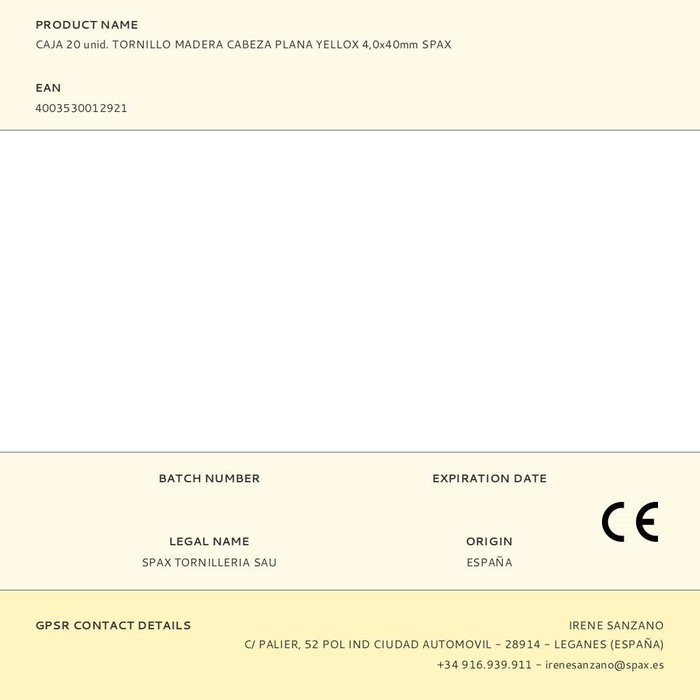 Spax Tornillo para madera cabeza plana yellox 4,0x40mm (20 unidades)